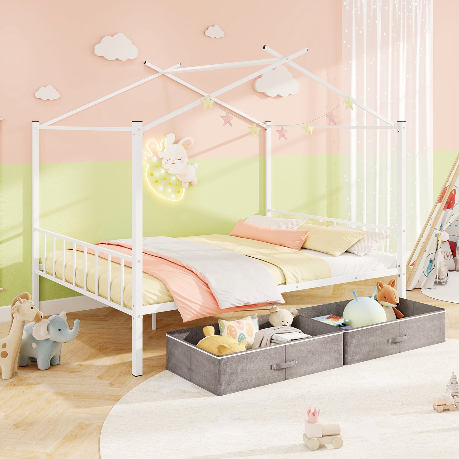Full Size Metal House Bed with 2 Fabric Drawers for Kids