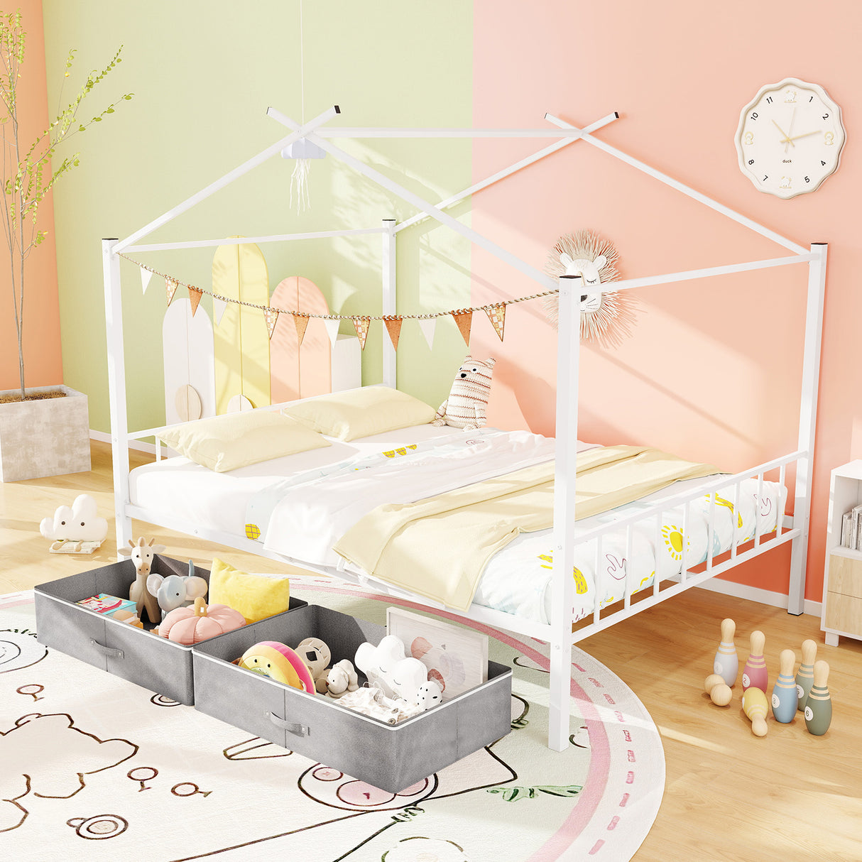 Full Size Metal House Bed with 2 Fabric Drawers for Kids