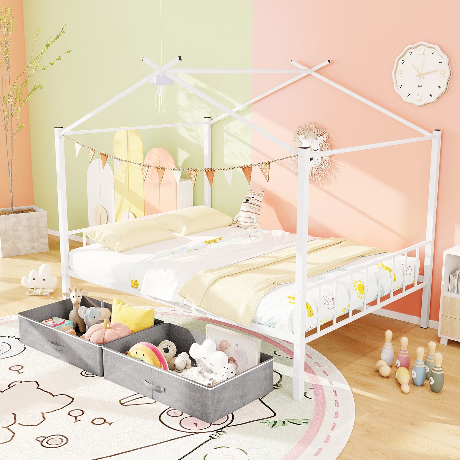 Full Size Metal House Bed with 2 Fabric Drawers for Kids