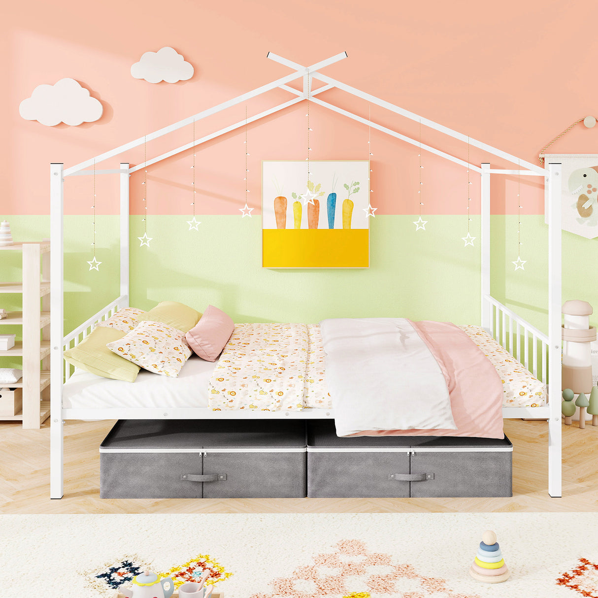 Full Size Metal House Bed with 2 Fabric Drawers for Kids