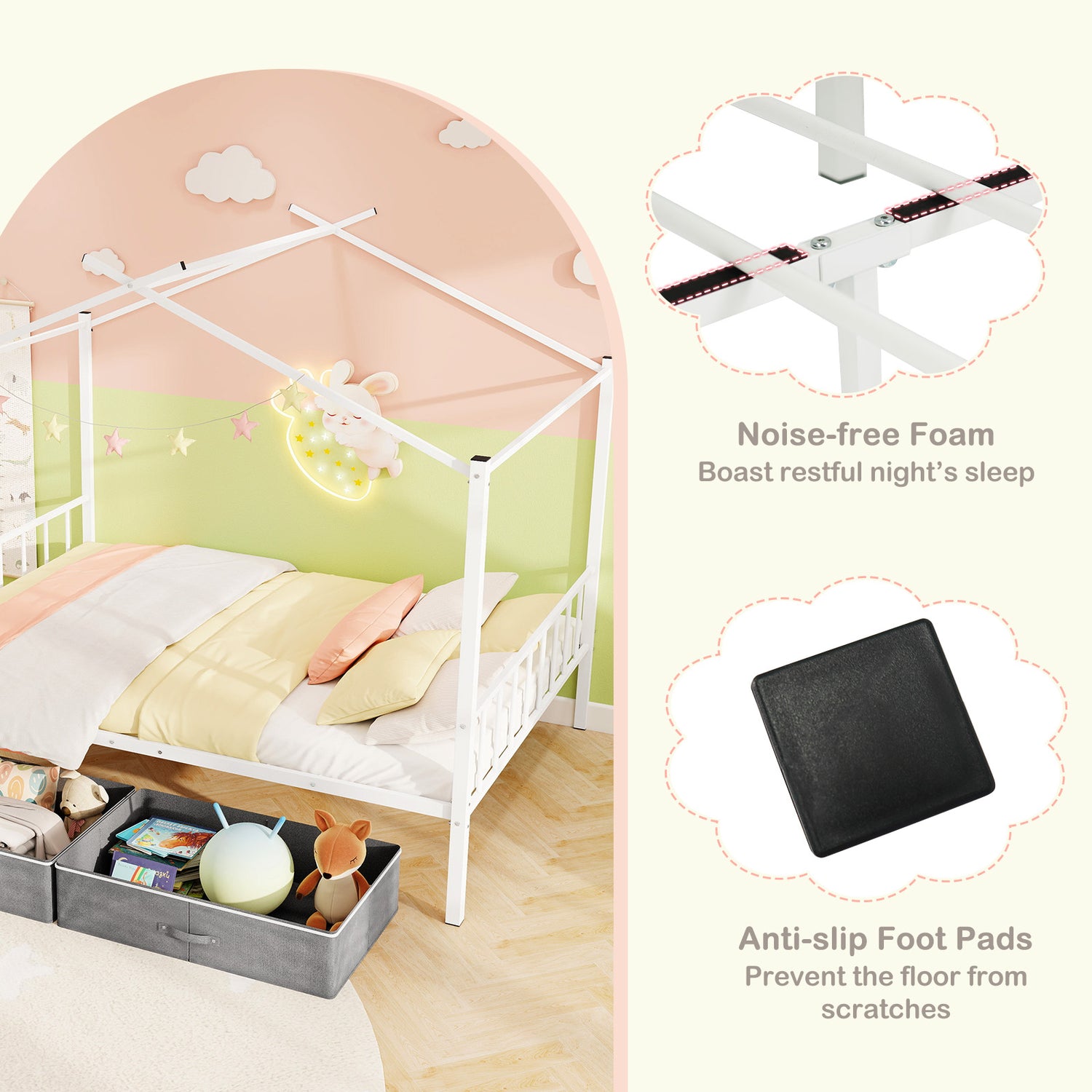 Full Size Metal House Bed with 2 Fabric Drawers for Kids