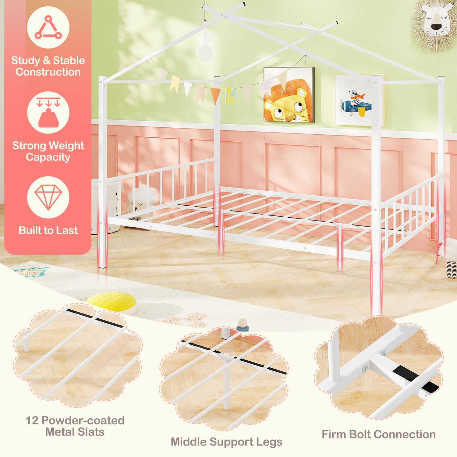 Full Size Metal House Bed with 2 Fabric Drawers for Kids