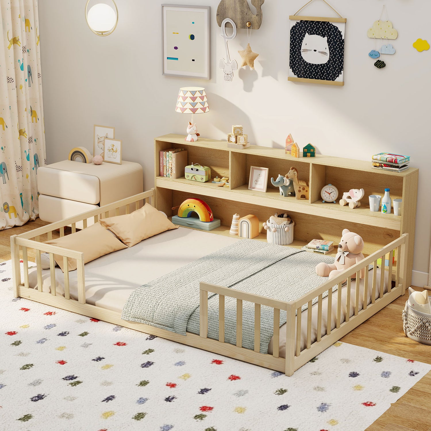 Full Size Montessori Floor Bed with Bookcase