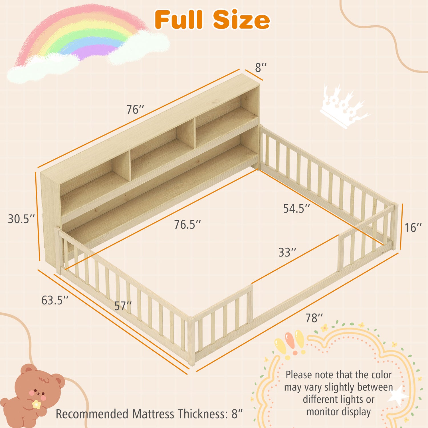 Full Size Montessori Floor Bed with Bookcase