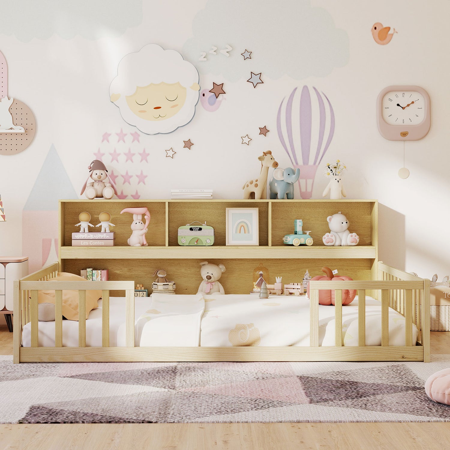 Full Size Montessori Floor Bed with Bookcase