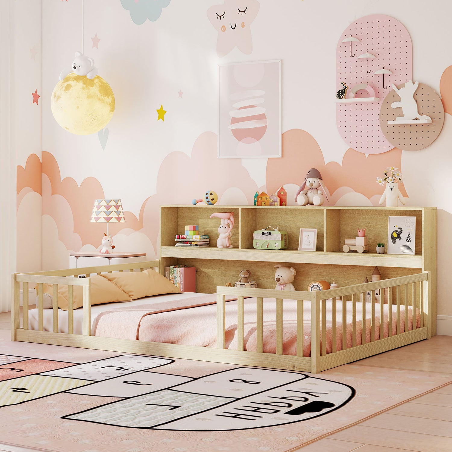 Full Size Montessori Floor Bed with Bookcase