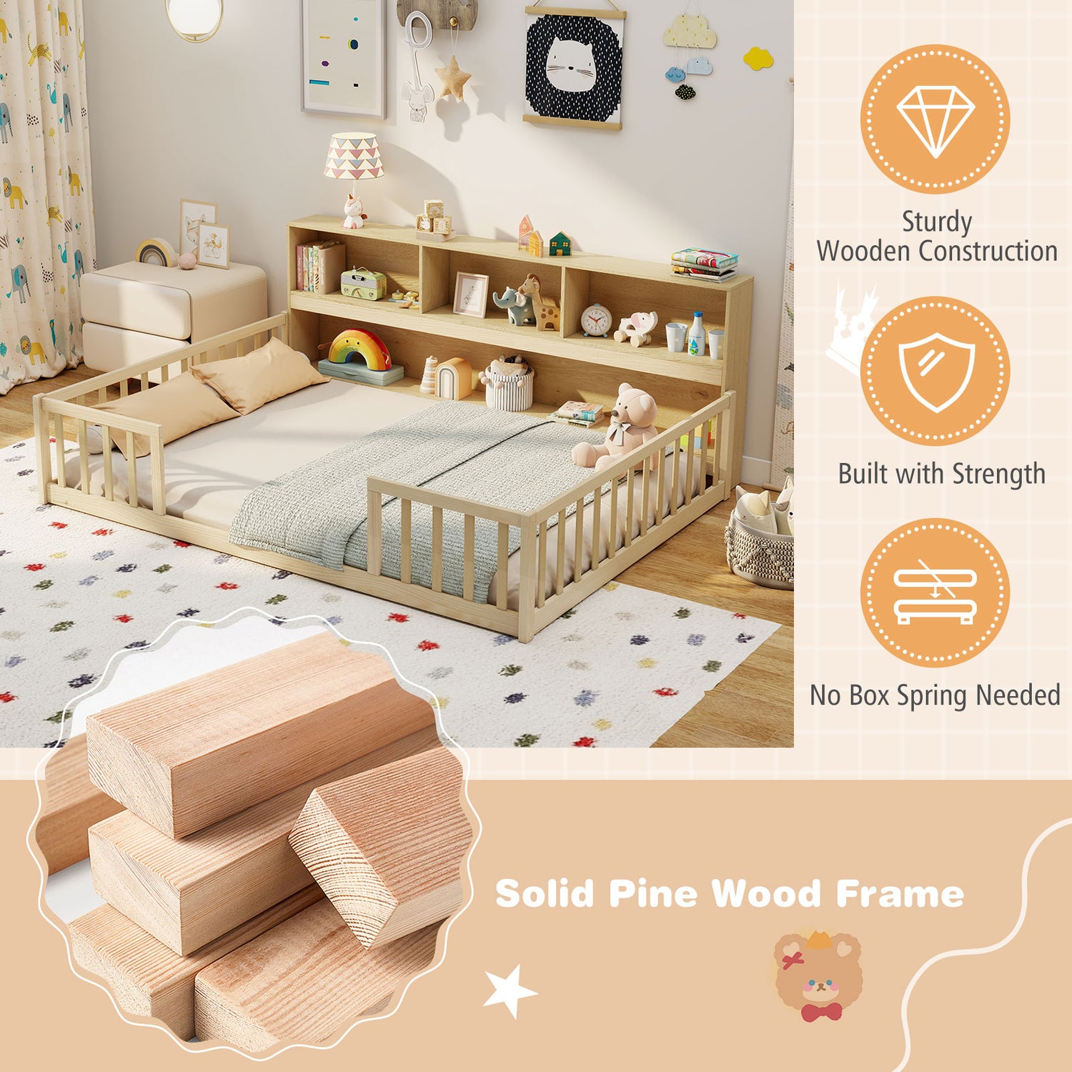 Full Size Montessori Floor Bed with Bookcase