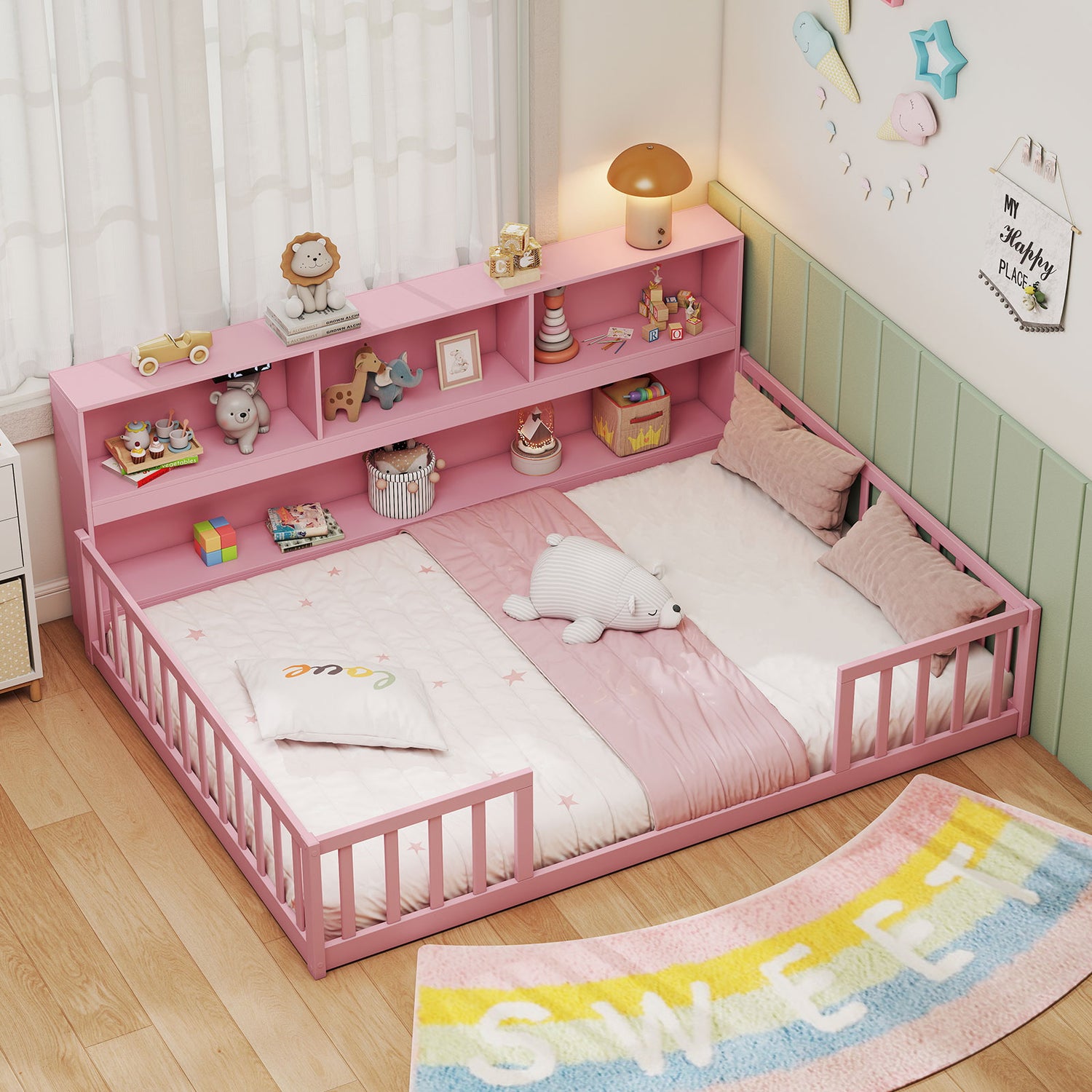 Full Size Montessori Floor Bed with Bookcase