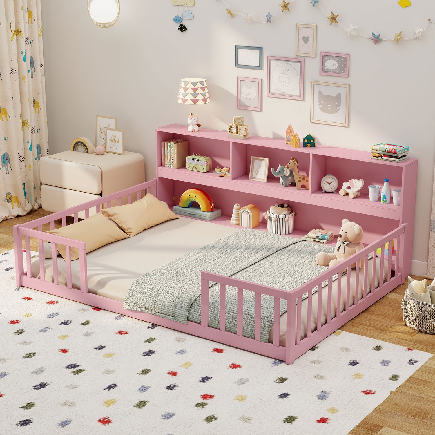 Full Size Montessori Floor Bed with Bookcase