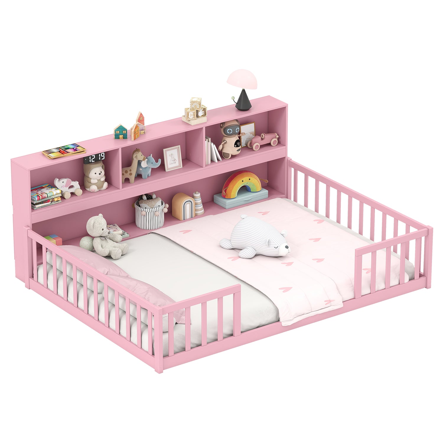 Full Size Montessori Floor Bed with Bookcase