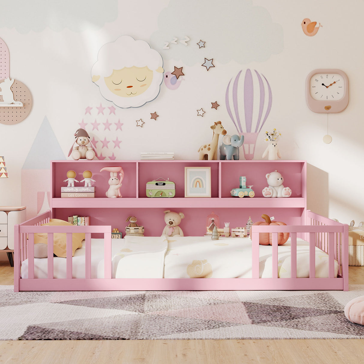 Full Size Montessori Floor Bed with Bookcase