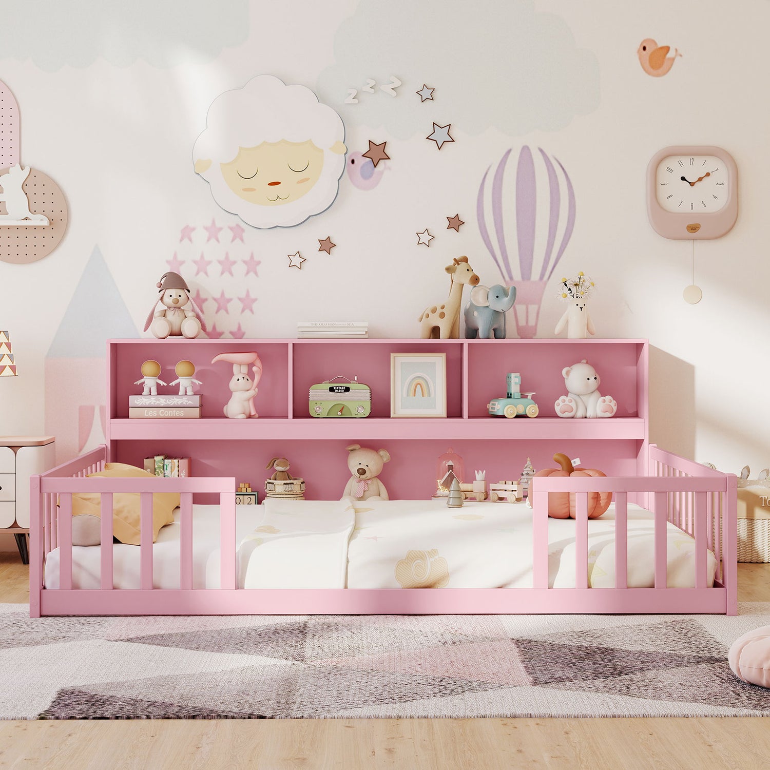Full Size Montessori Floor Bed with Bookcase