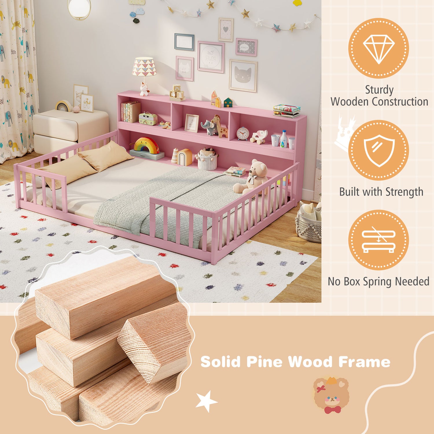 Full Size Montessori Floor Bed with Bookcase
