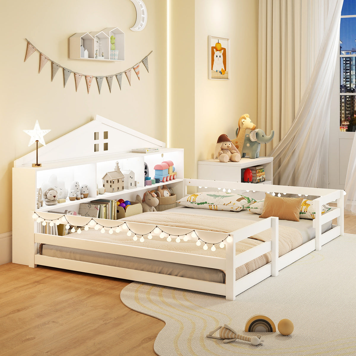 Full Size Montessori Floor Bed with Storage Compartments and Shelf