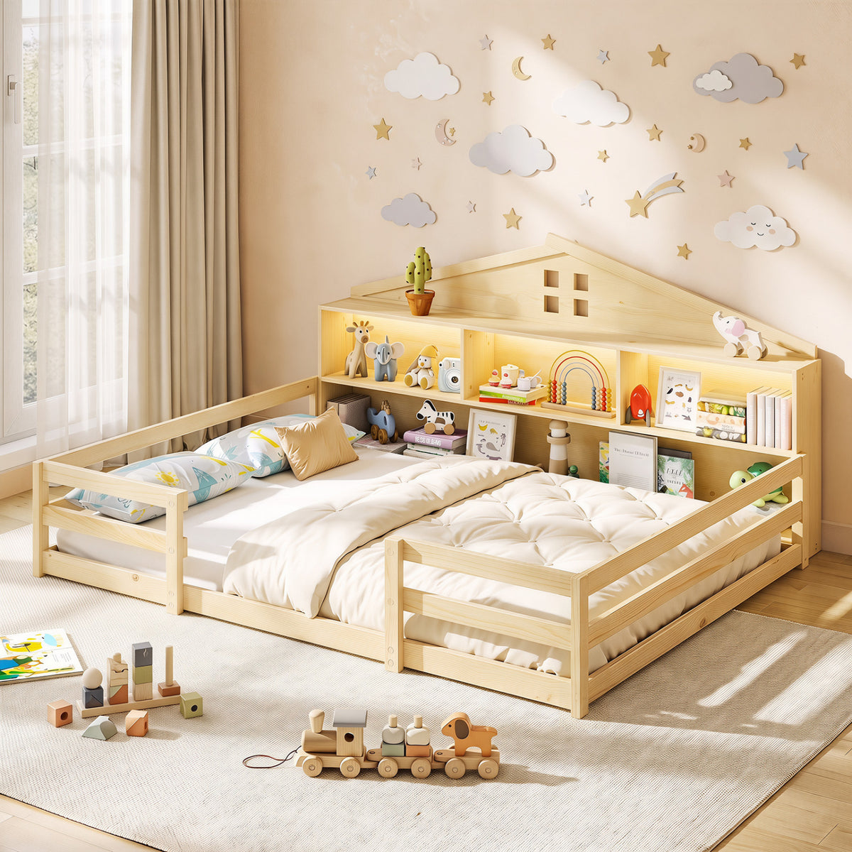 Full Size Montessori Floor Bed with Storage Compartments and Shelf