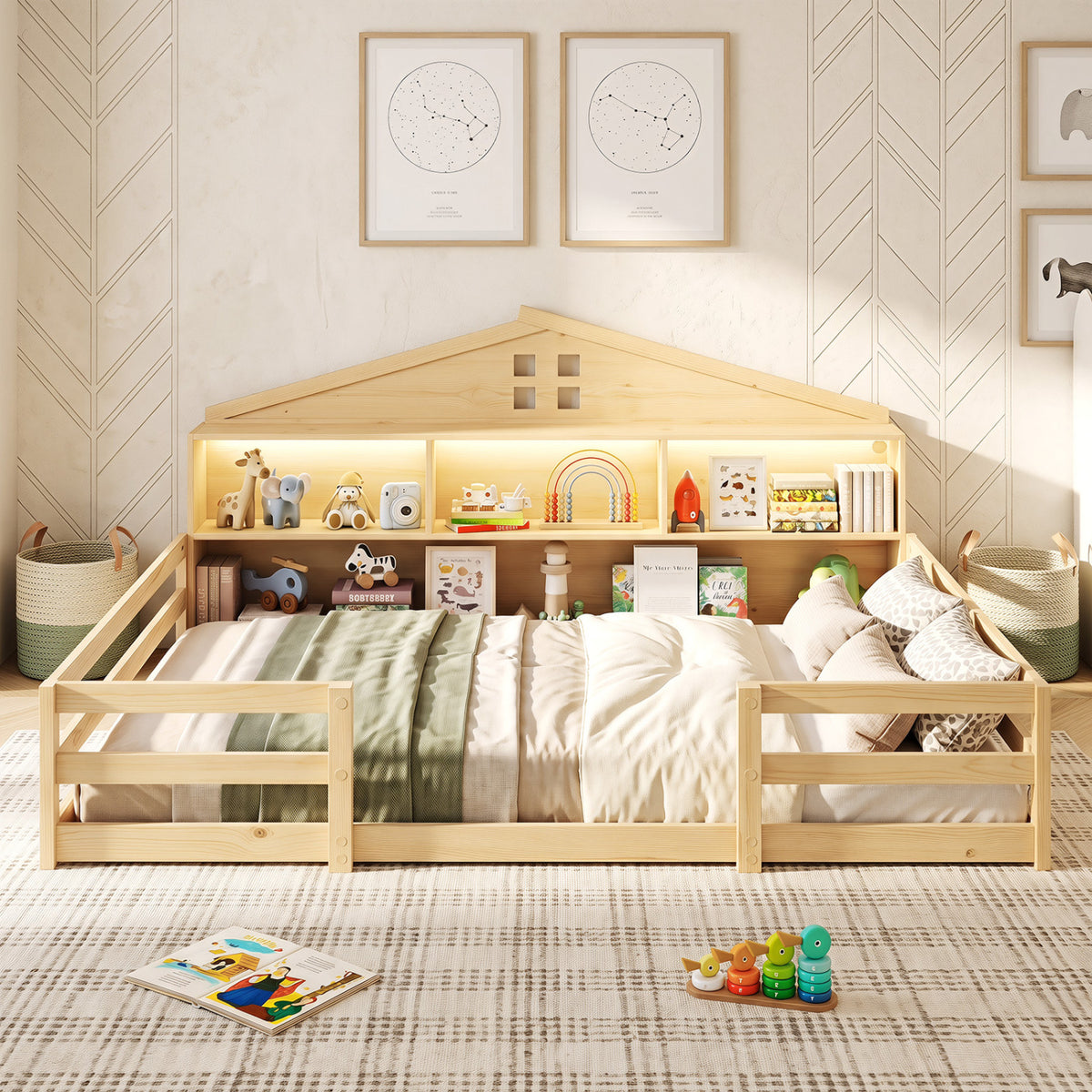 Full Size Montessori Floor Bed with Storage Compartments and Shelf