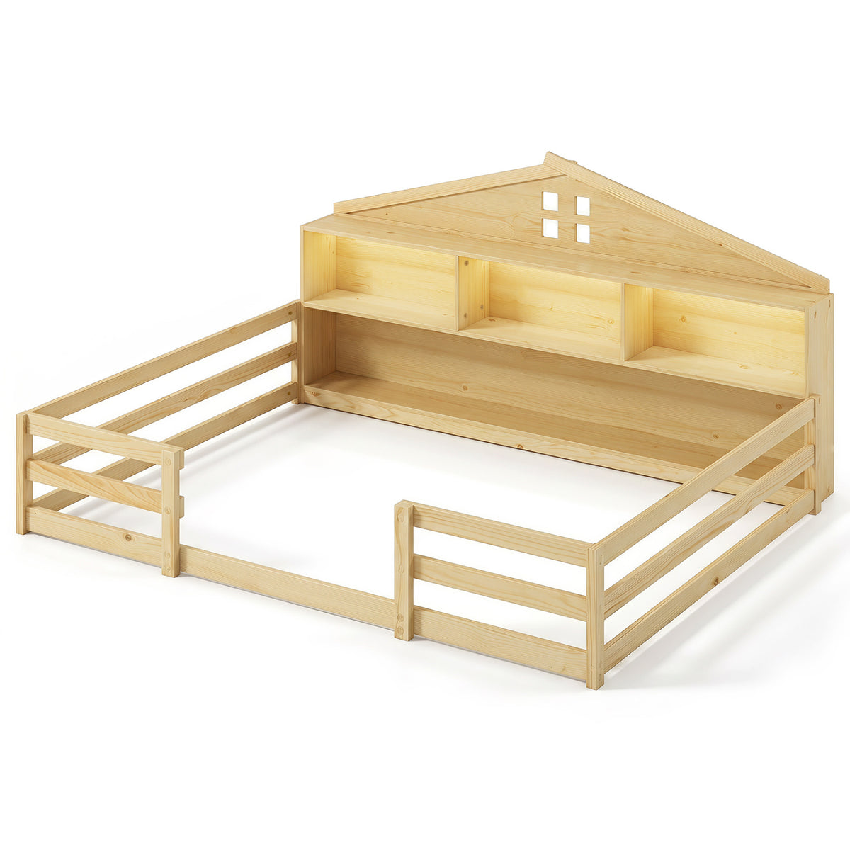 Full Size Montessori Floor Bed with Storage Compartments and Shelf
