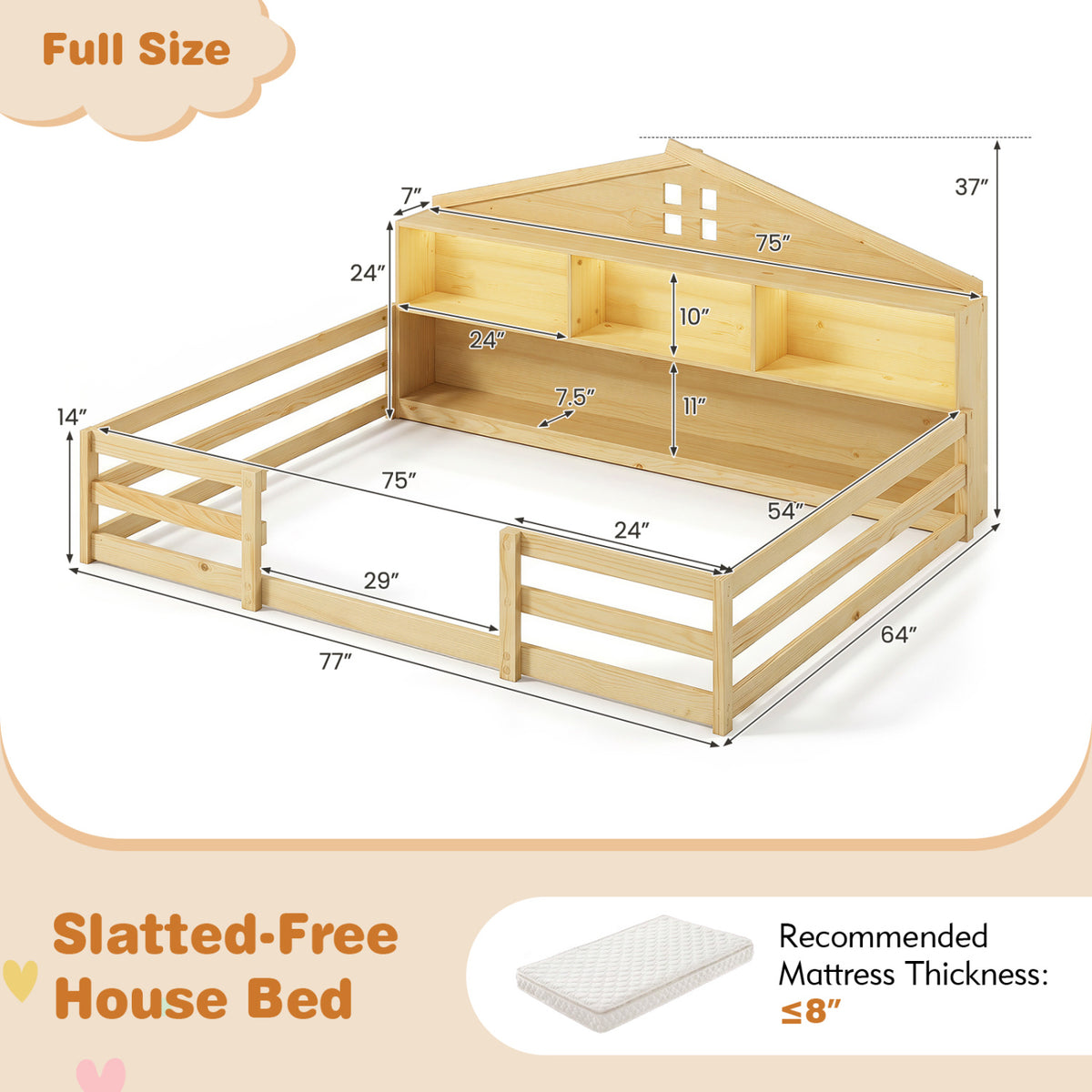Full Size Montessori Floor Bed with Storage Compartments and Shelf