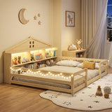Full Size Montessori Floor Bed with Storage Compartments and Shelf