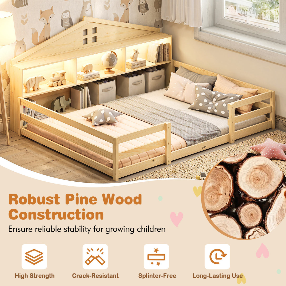 Full Size Montessori Floor Bed with Storage Compartments and Shelf