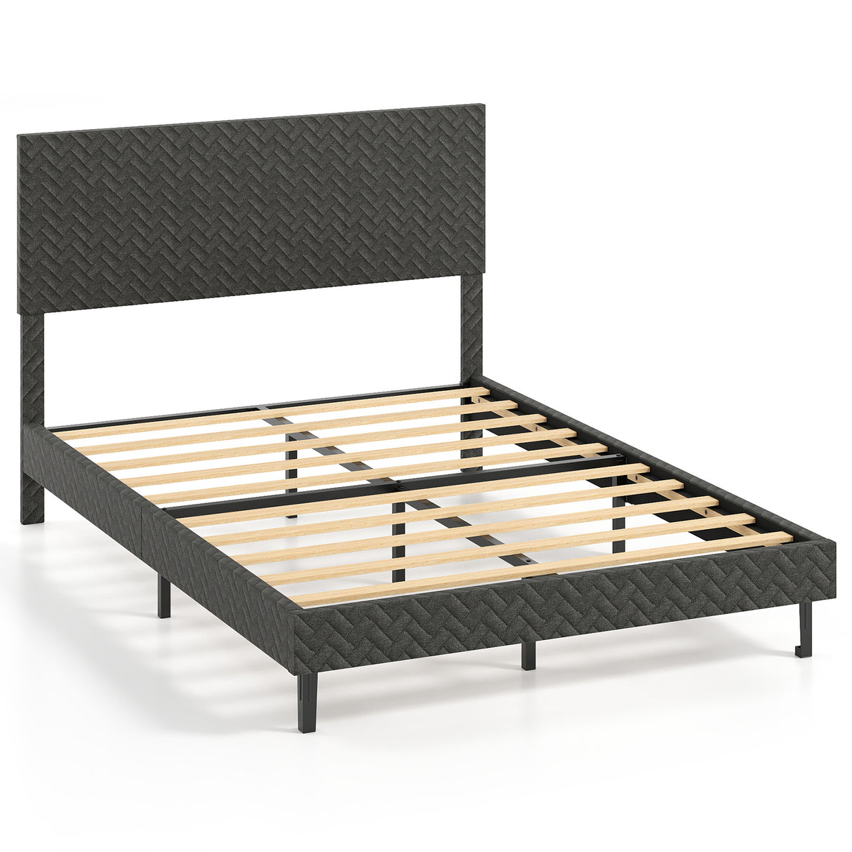 Full Size Velvet Bed Frame Upholstered Platform Bed with Chevron Headboard Gray