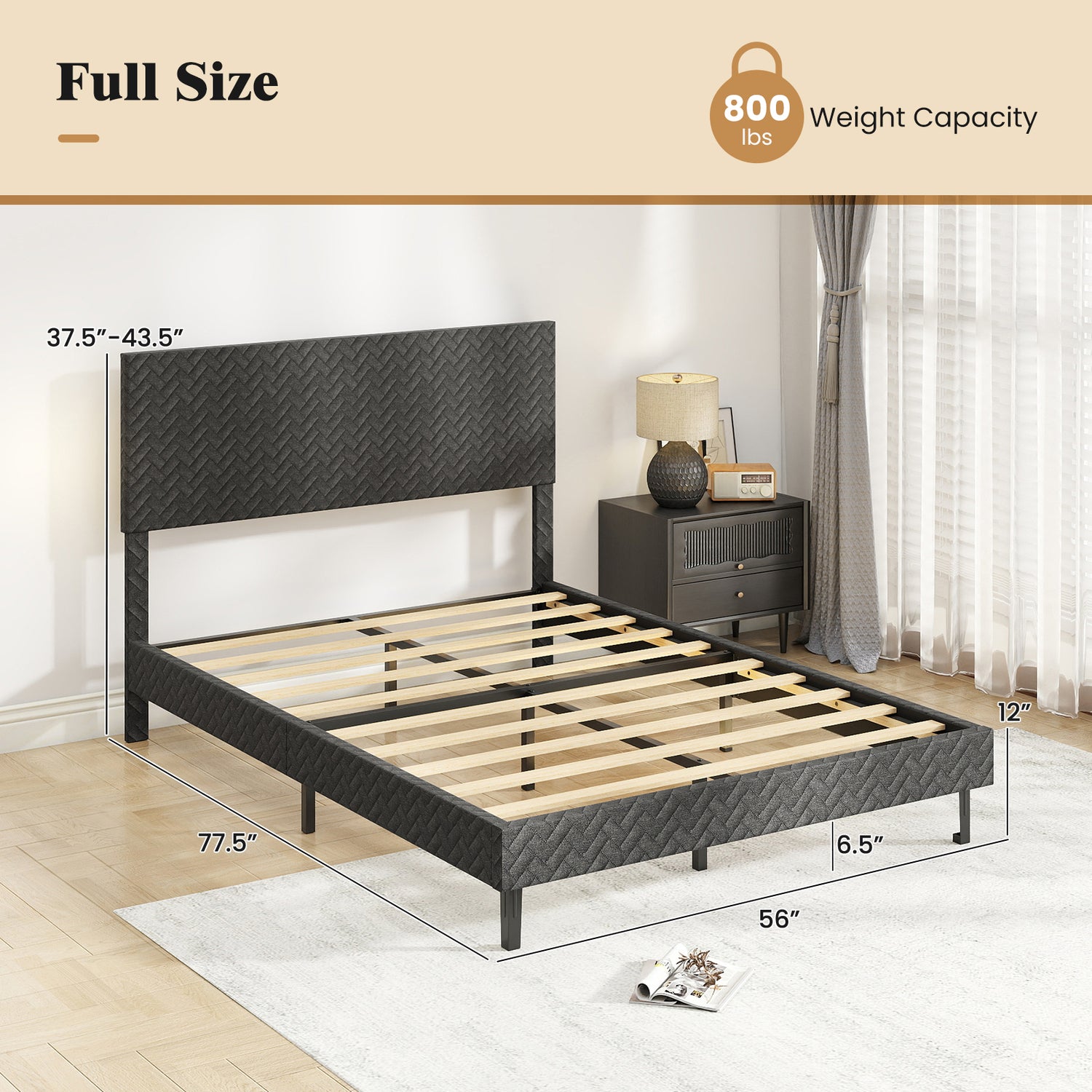 Full Size Velvet Bed Frame Upholstered Platform Bed with Chevron Headboard Gray