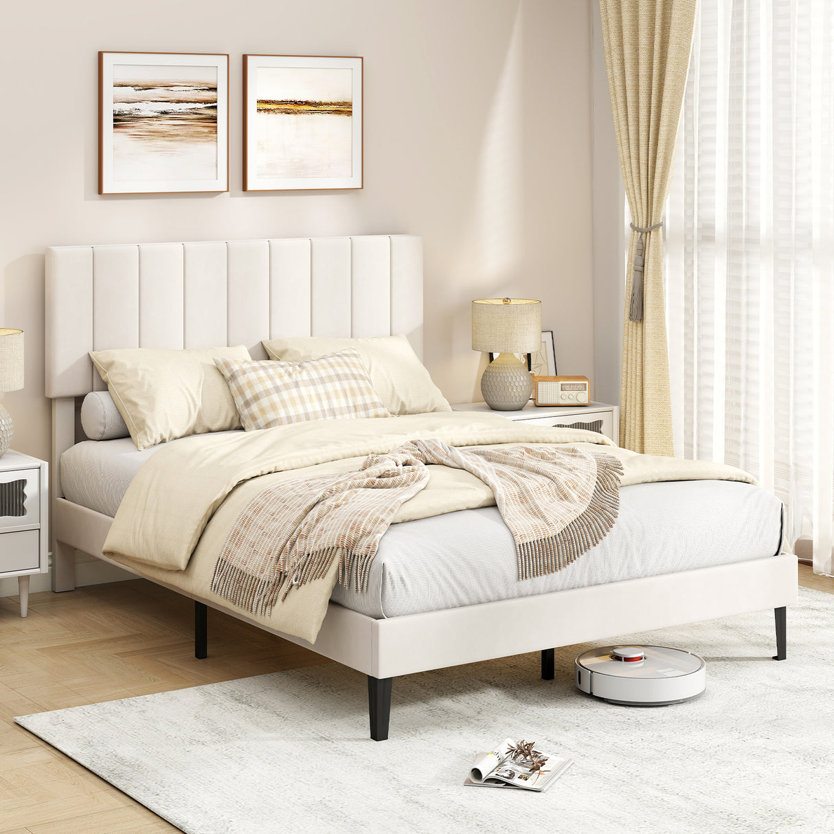 Queen Size Velvet Upholstered Platform Bed Frame