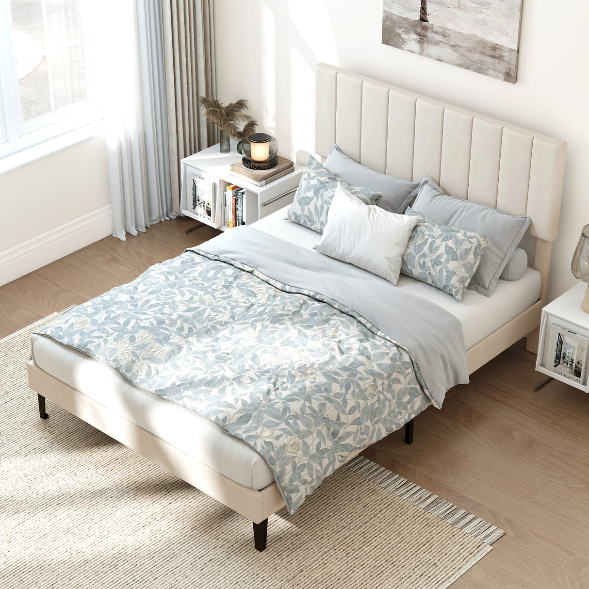 Queen Size Velvet Upholstered Platform Bed Frame