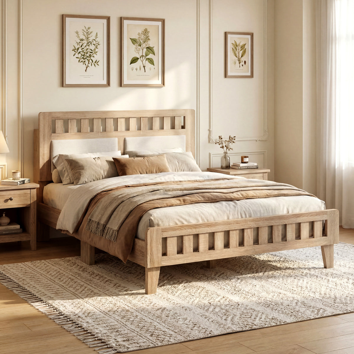 Twin Size Wood Bed Frame with Upholstered Headboard Mid Century Style