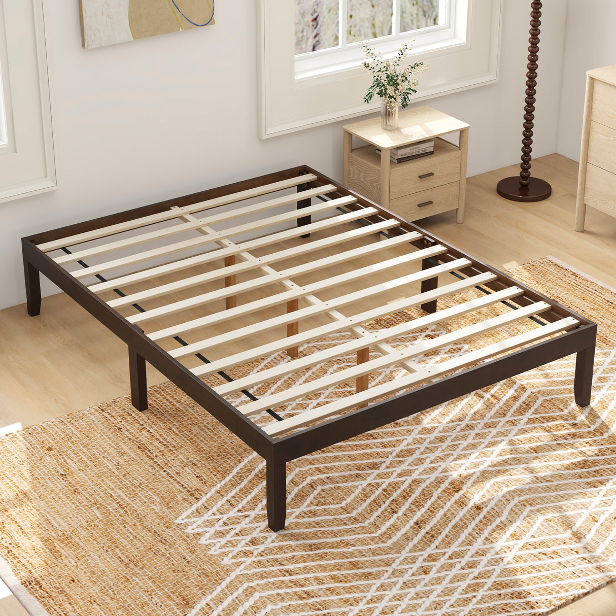 Full Size Wood Bed Frame with Wooden Slats Support and Rubber Wood Legs