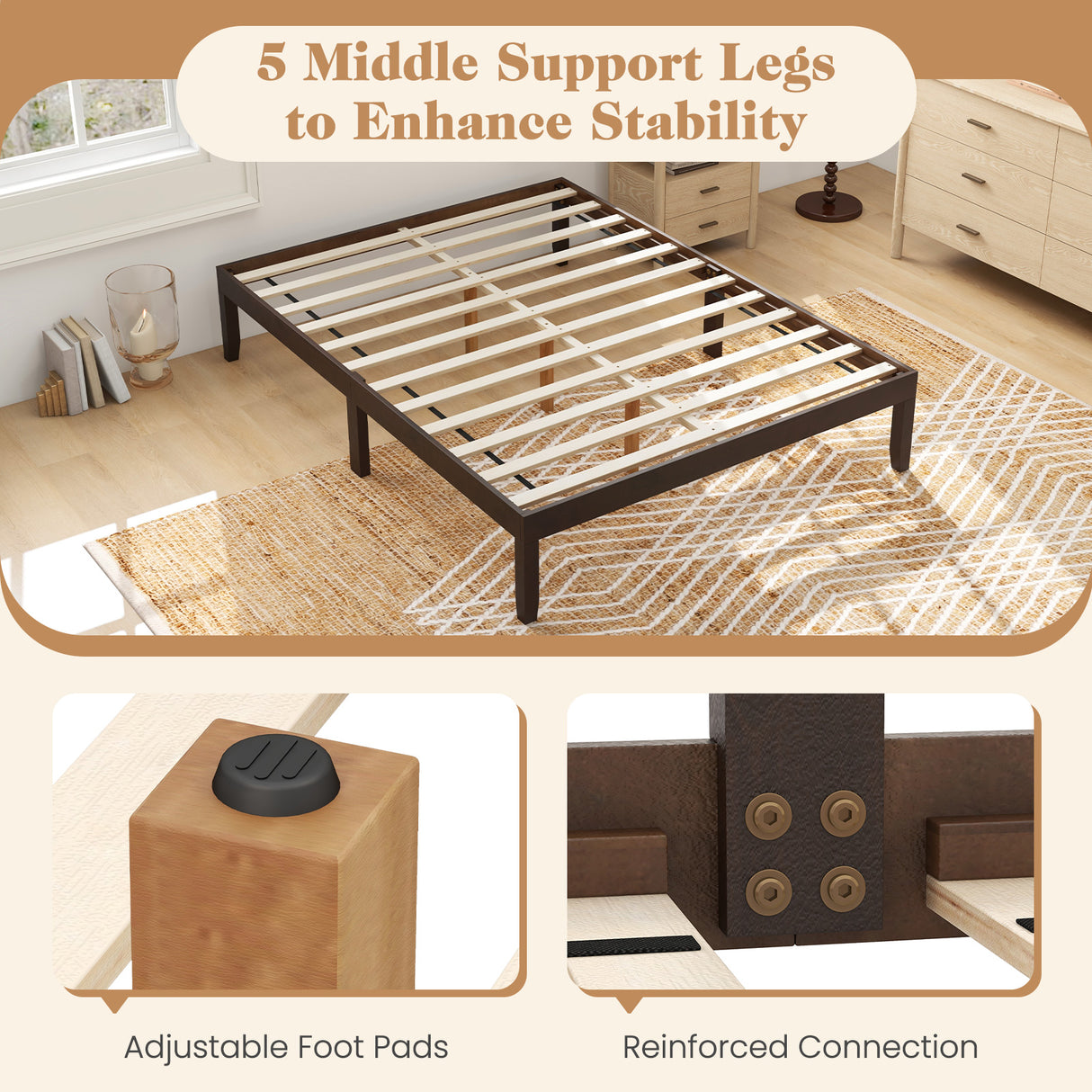 Full Size Wood Bed Frame with Wooden Slats Support and Rubber Wood Legs