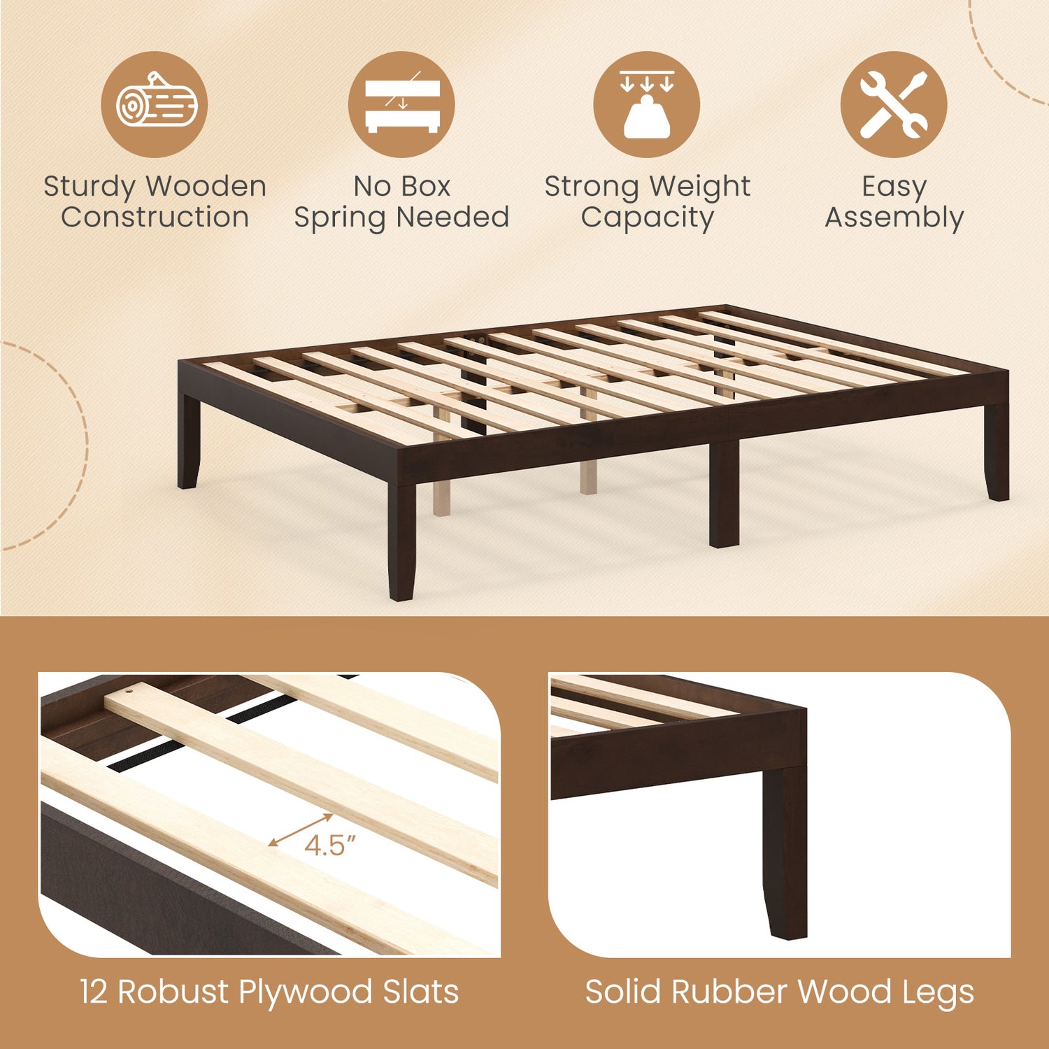 Full Size Wood Bed Frame with Wooden Slats Support and Rubber Wood Legs