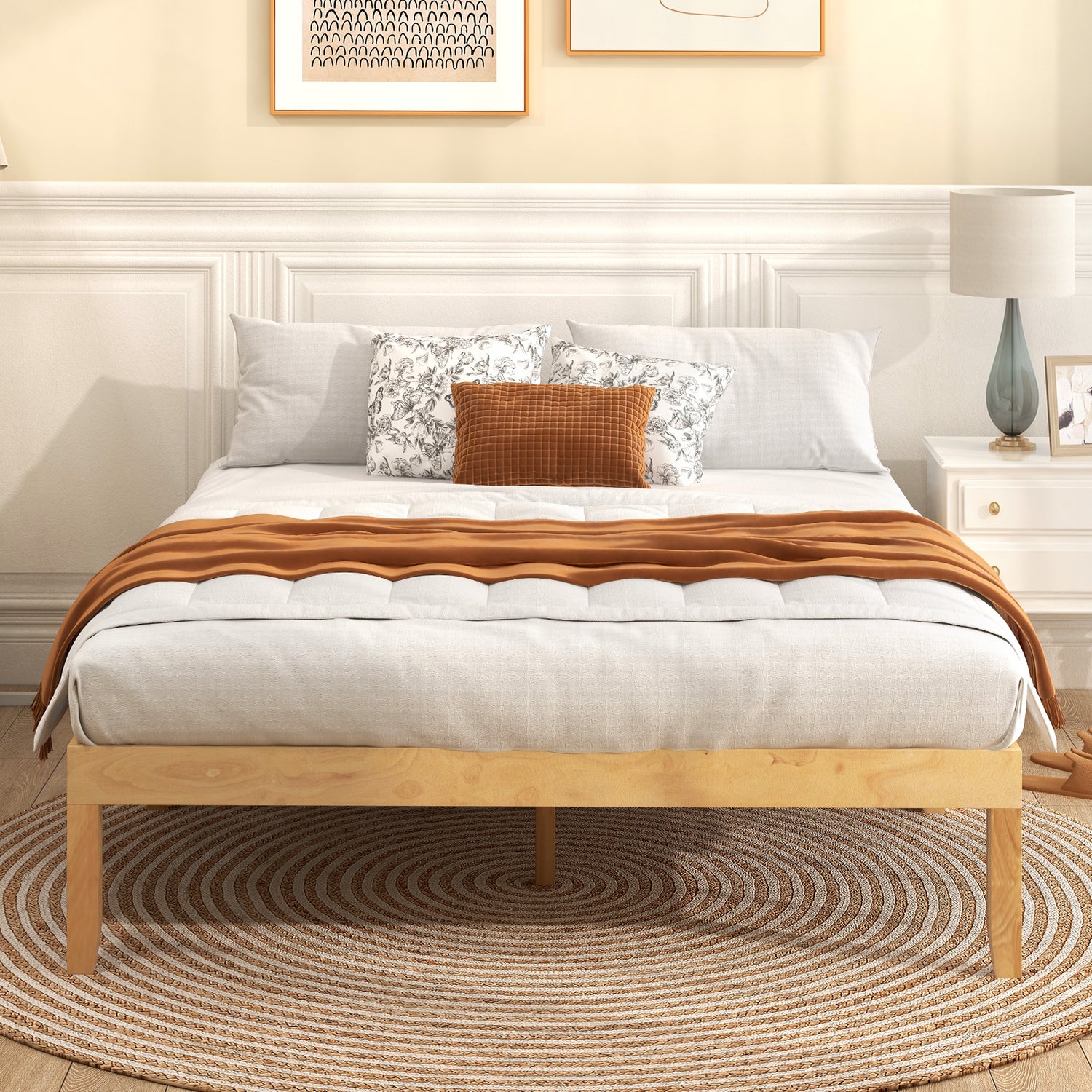 Full Size Wood Bed Frame with Wooden Slats Support and Rubber Wood Legs