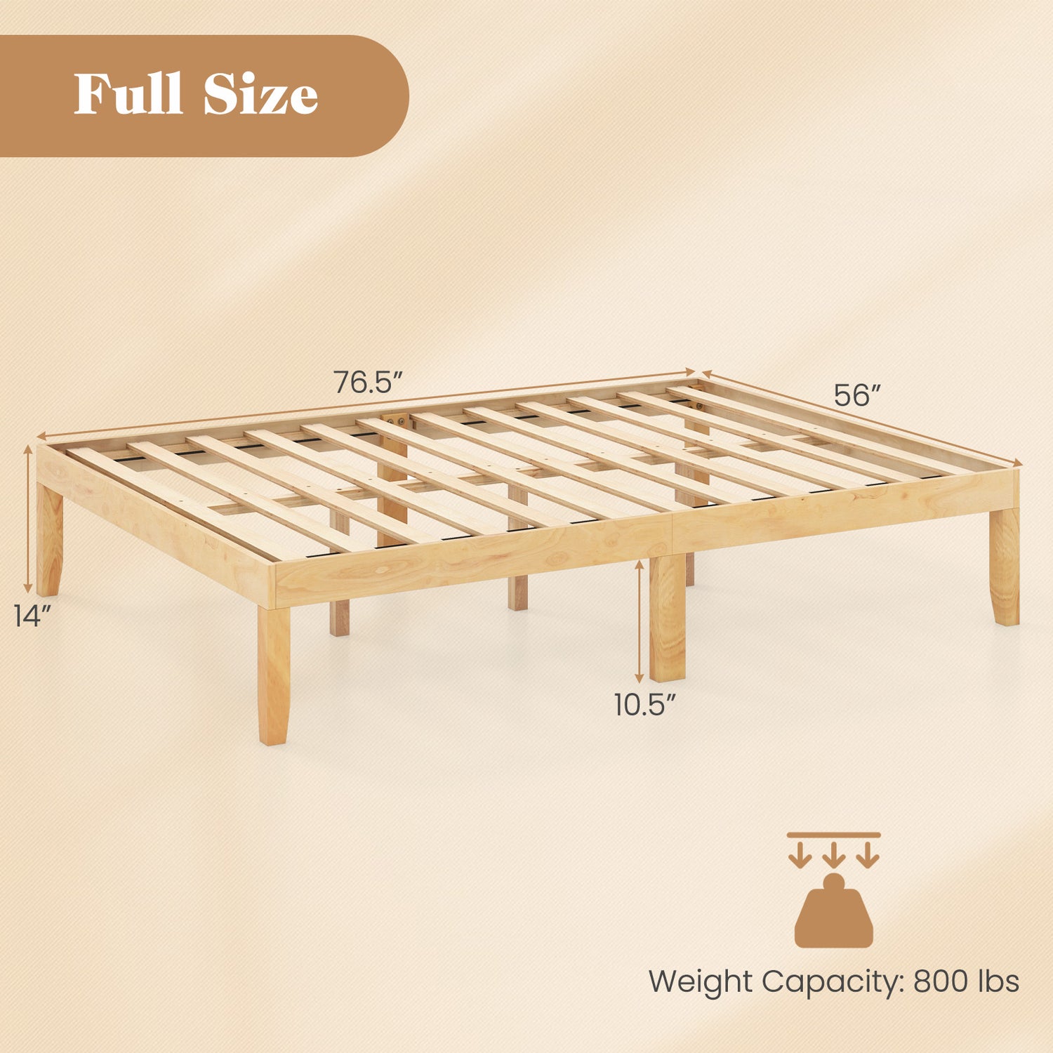 Full Size Wood Bed Frame with Wooden Slats Support and Rubber Wood Legs