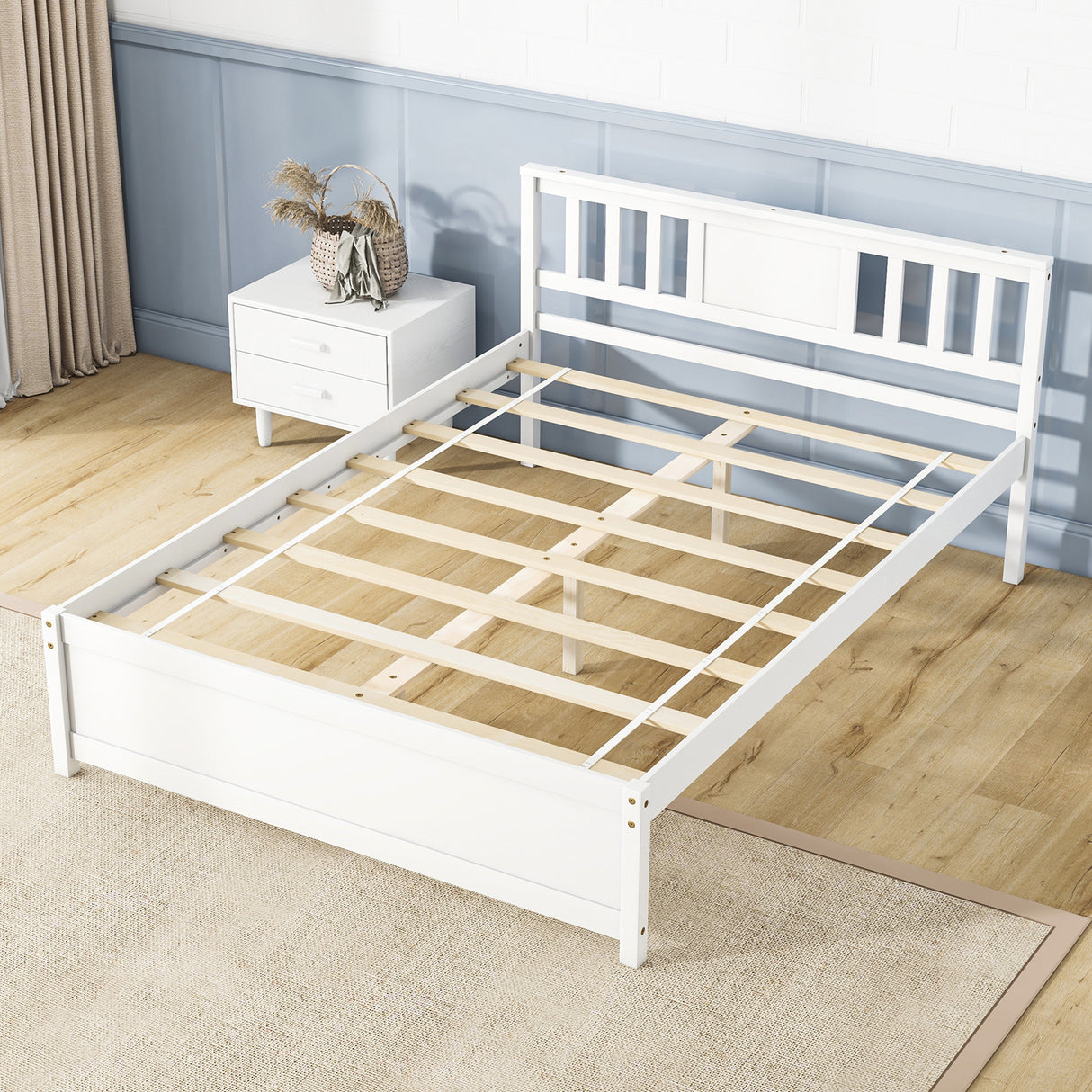 Wooden Platform Bed with Headboard and Wood Slat Support White
