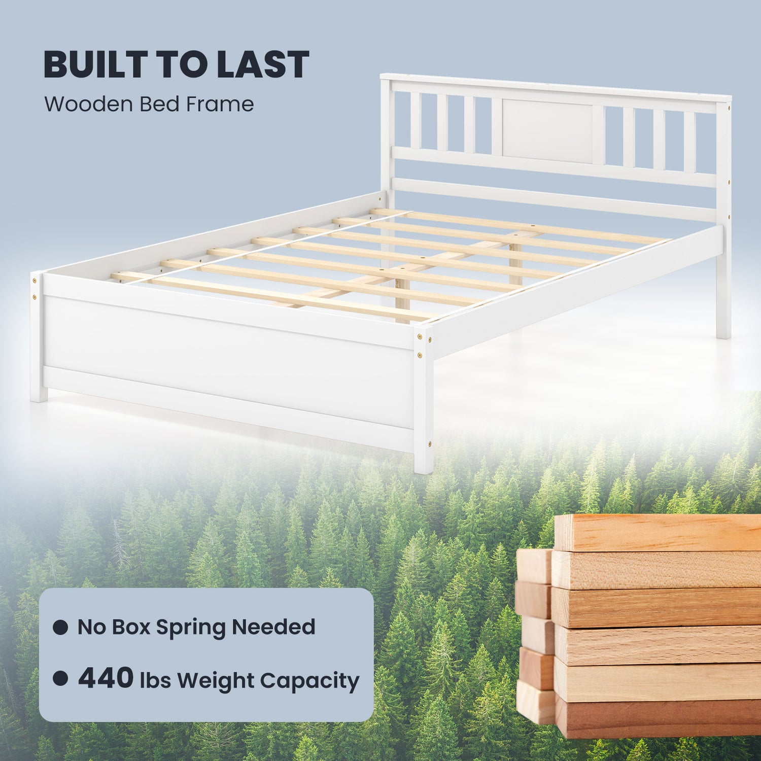 Wooden Platform Bed with Headboard and Wood Slat Support White
