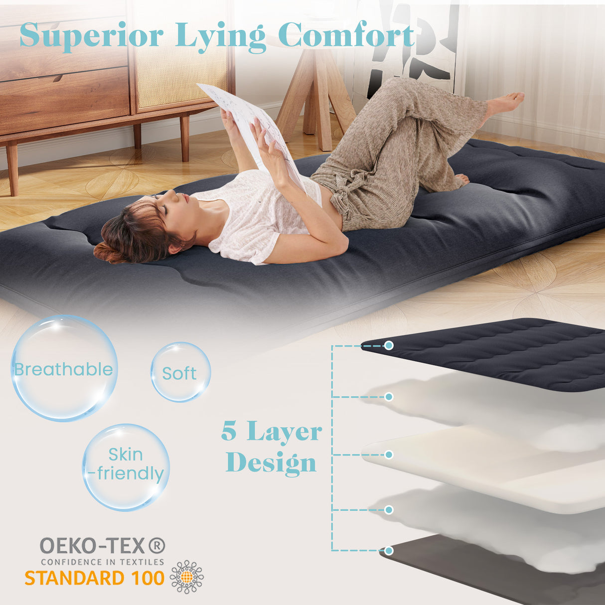 Futon Mattress with Washable Cover and Foldable Mat