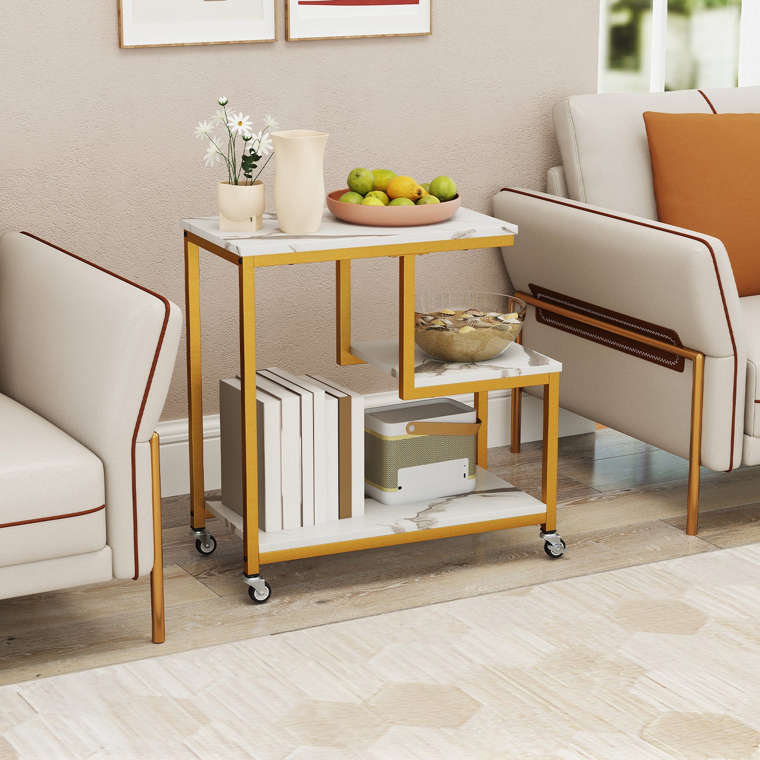 G-shaped Side Table 3-Tier Mobile End Table with Open Shelves
