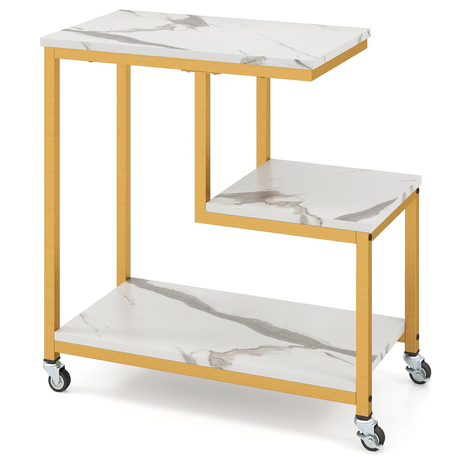 G-shaped Side Table 3-Tier Mobile End Table with Open Shelves