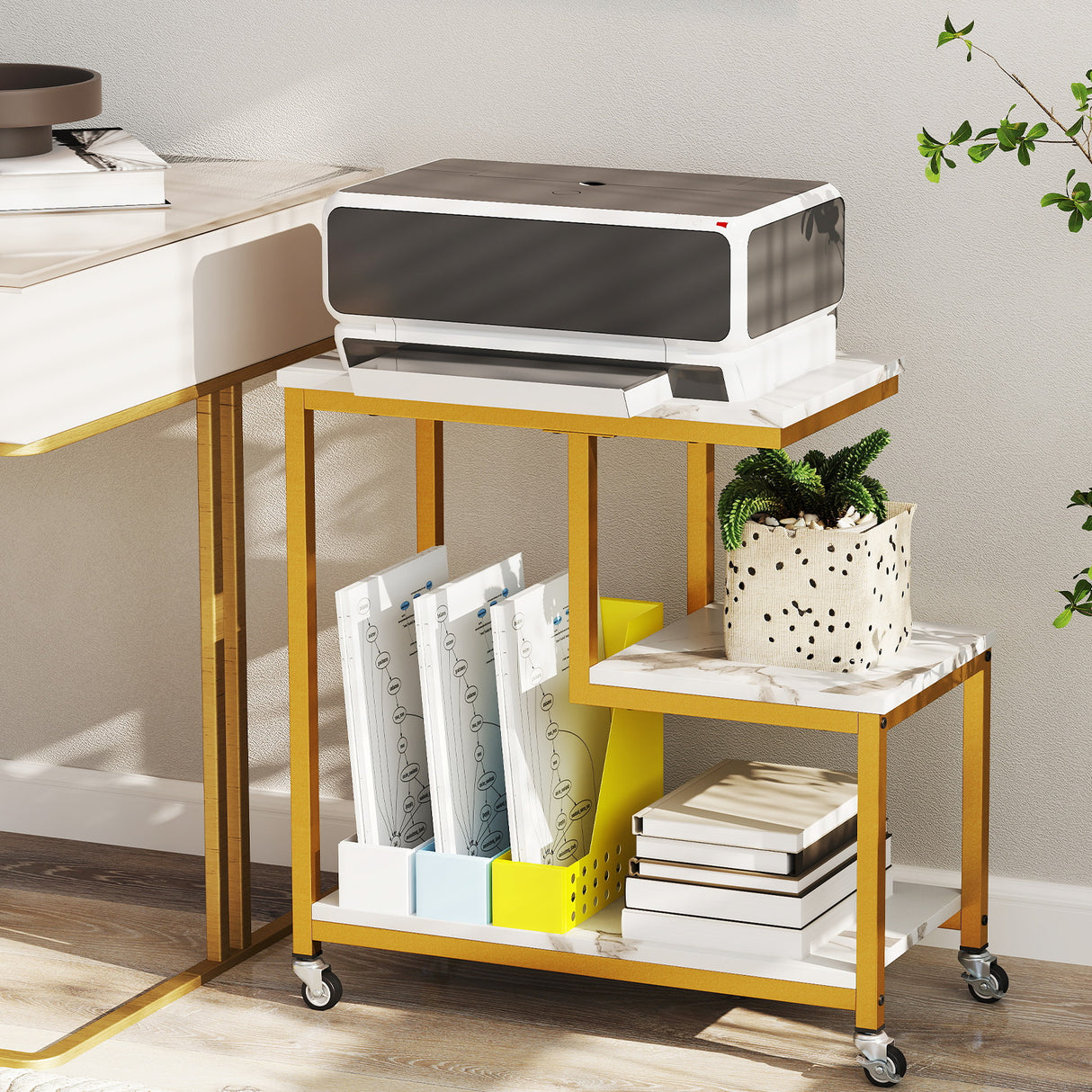 G-shaped Side Table 3-Tier Mobile End Table with Open Shelves