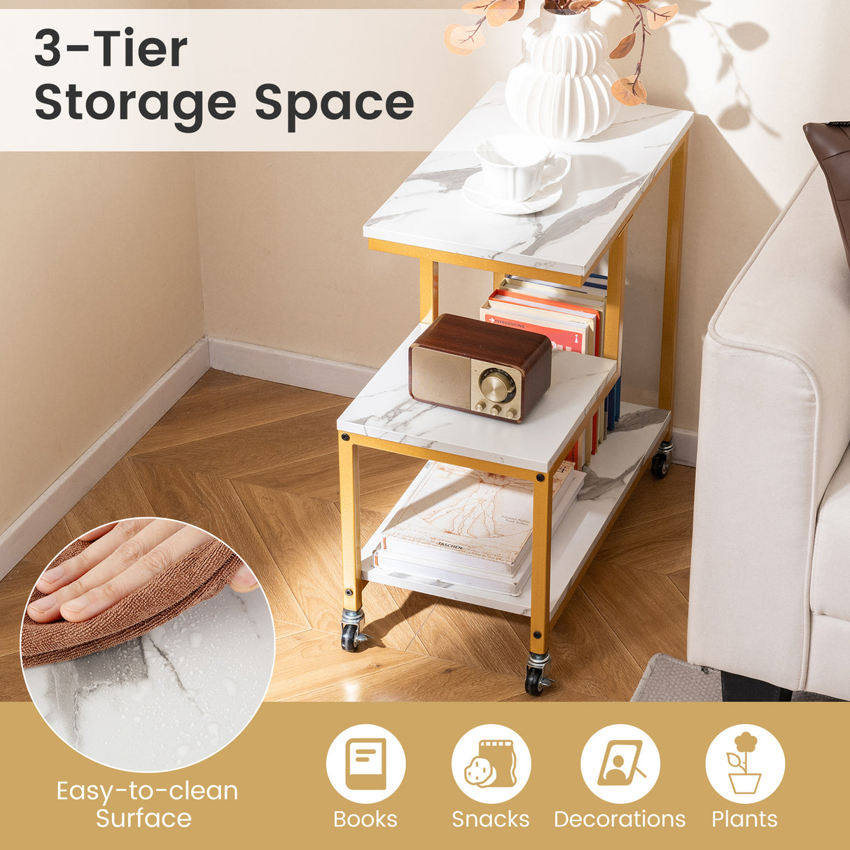 G-shaped Side Table 3-Tier Mobile End Table with Open Shelves