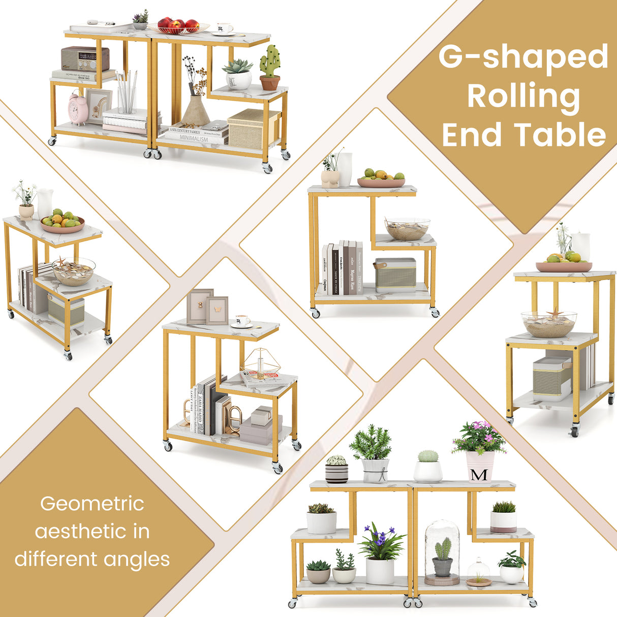 G-shaped Side Table 3-Tier Mobile End Table with Open Shelves