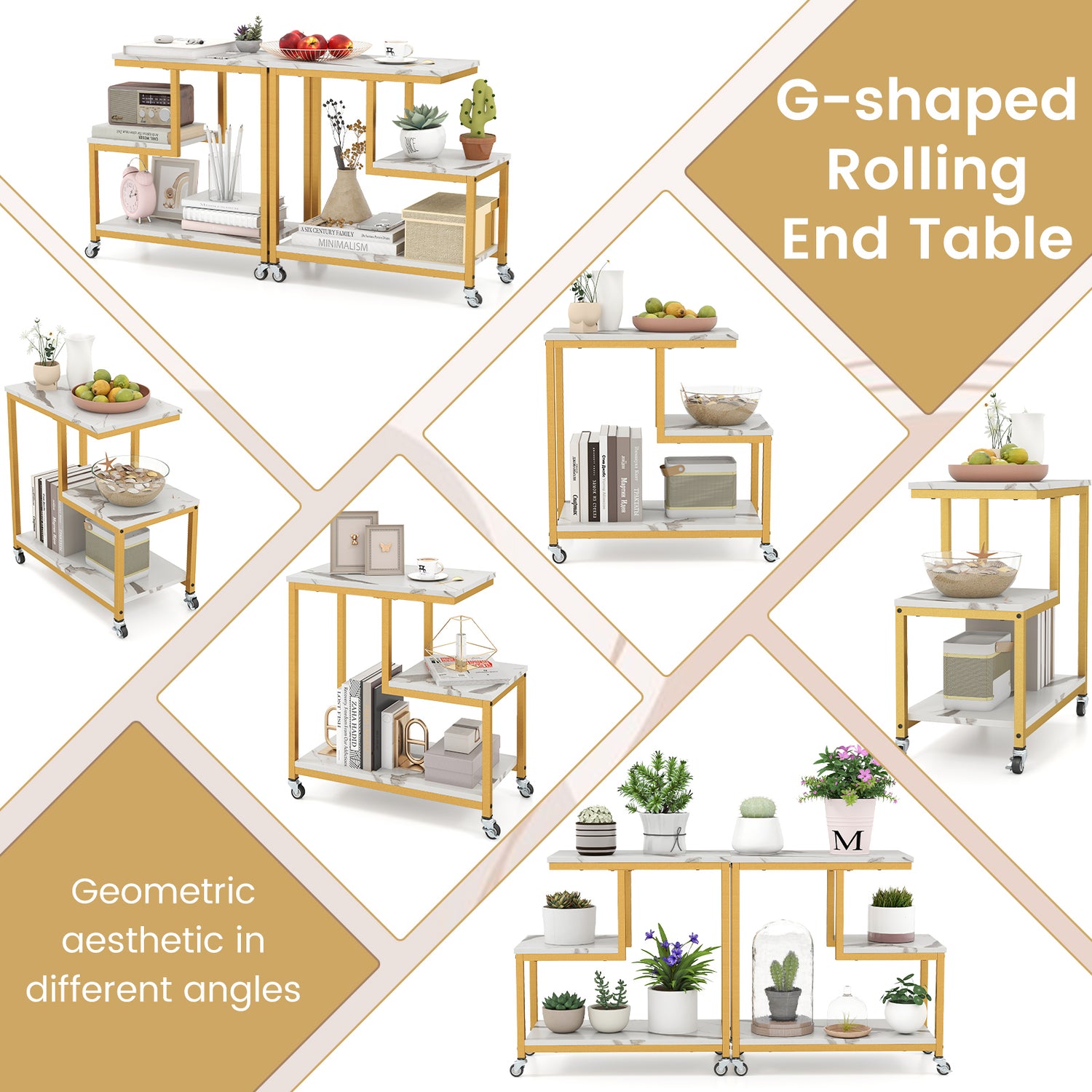 G-shaped Side Table 3-Tier Mobile End Table with Open Shelves