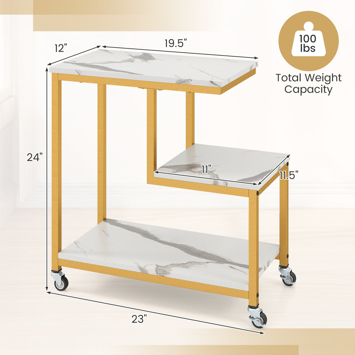 G-shaped Side Table 3-Tier Mobile End Table with Open Shelves