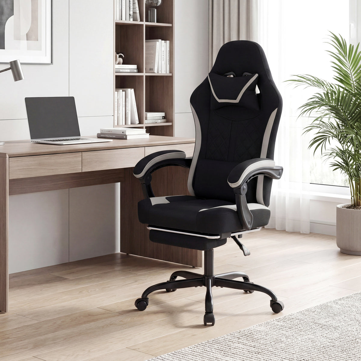 Gaming Chair Height Adjustable Computer Chair with Headrest Footrest & 360Â° Swivel Seat-Black