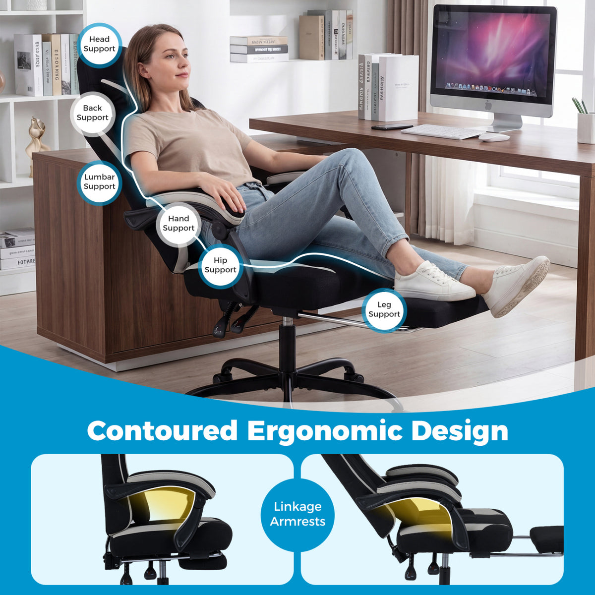 Gaming Chair Height Adjustable Computer Chair with Headrest Footrest & 360Â° Swivel Seat-Black