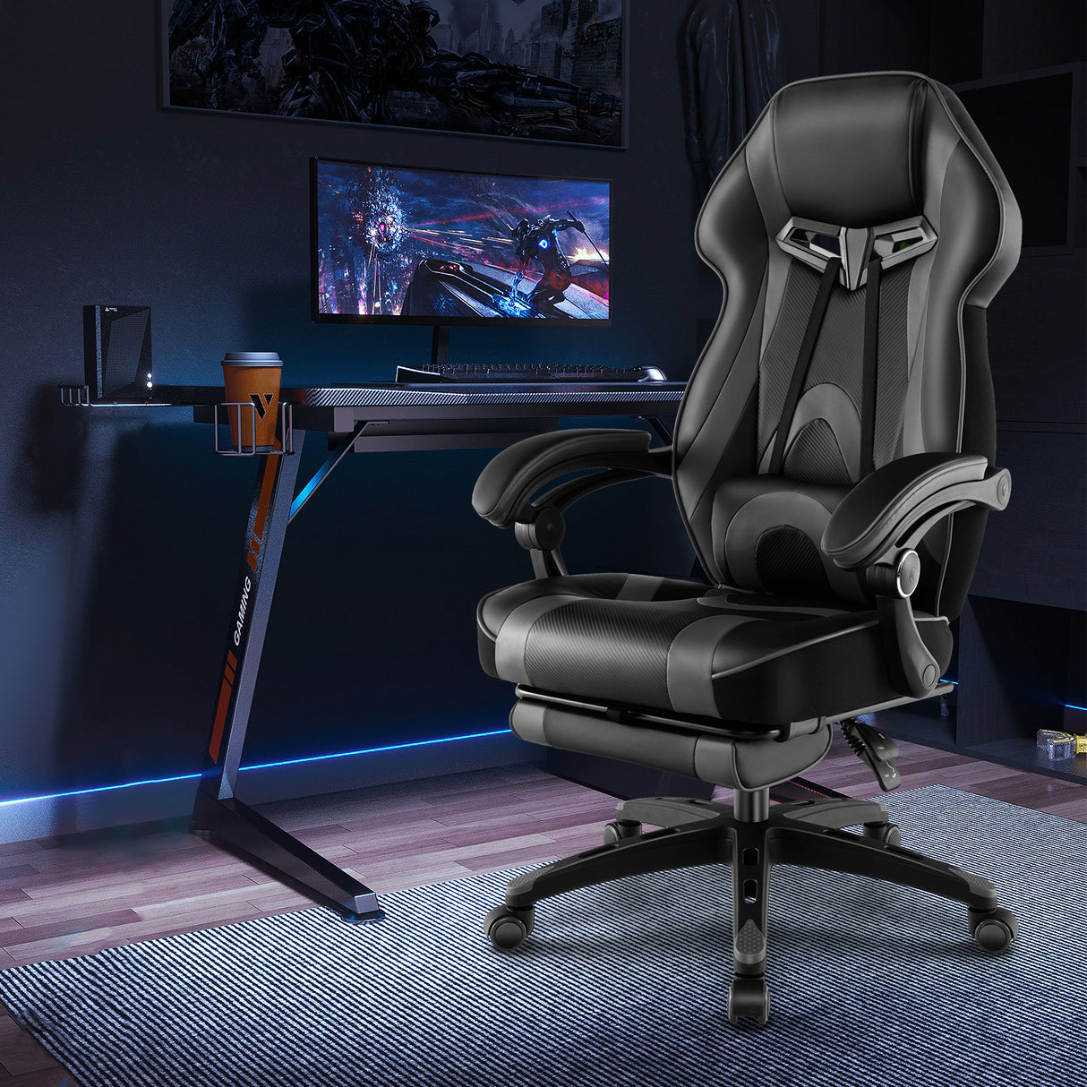Gaming Chair Racing Style Swivel Chair with Footrest and Adjustable Lumbar Pillow