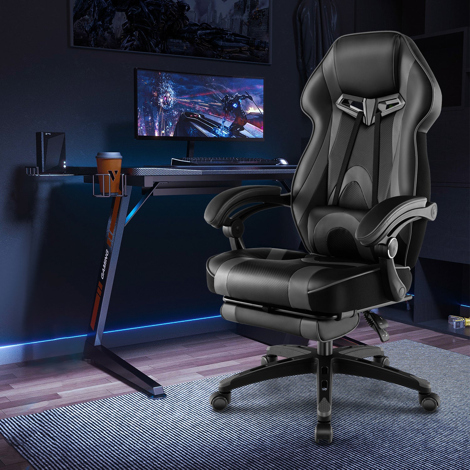 Gaming Chair Racing Style Swivel Chair with Footrest and Adjustable Lumbar Pillow
