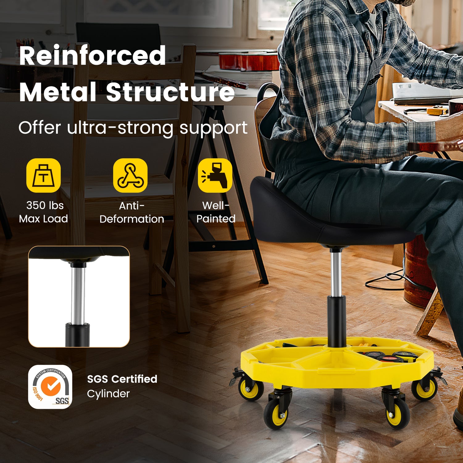 20 Inch-25 Inch Height Adjustable Rolling Garage Stool with Tool Tray Storage-Yellow