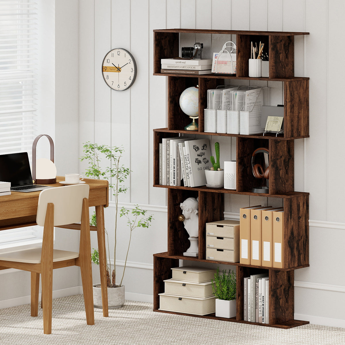 Geometric Bookshelf 5-Tier Bookcase with Open Shelves and Closed-back Cubes